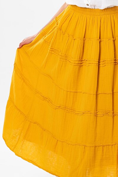 Eliş Şile Bezi Benan Elastic Waist Long Summer Muslin Skirt Mustard Hrd