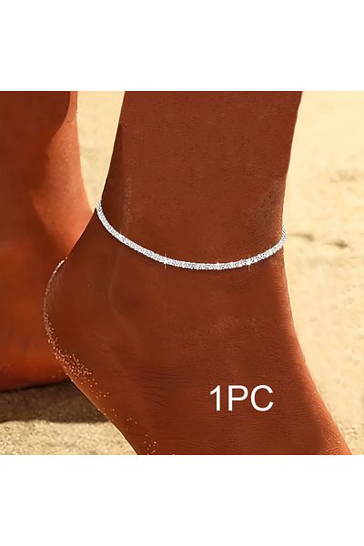 Choice 1pc 2PCS Shiny Sparkling Simple Silver Color Anklet for Women Simple Elegant Copper Jewelry Female B