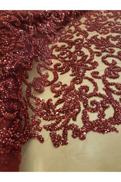 Safir Kumaş Bordo Taş ve Pul işlemeli Yoğun Desenli Dantel 3 Metre (Alt Astar...