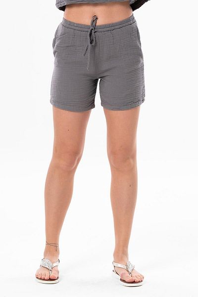 Eliş Şile Bezi Pearl Tied Summer Muslin Shorts Gray Gray