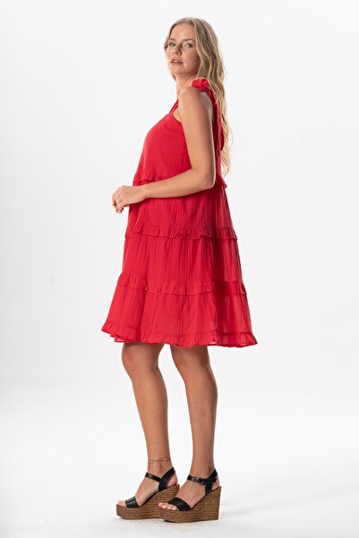 Eliş Şile Bezi Strappy Voile Dubai Square Neck Short Summer Dress Coral Mrcn