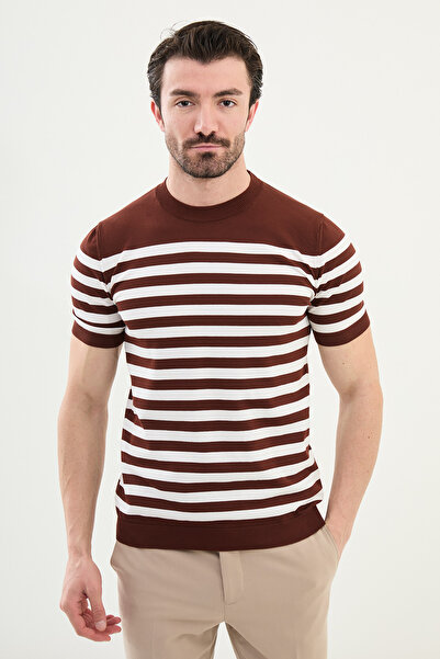 Mcr Смугаста футболка Slim Fit з велосипедним коміром для чоловіків, цегляно-...