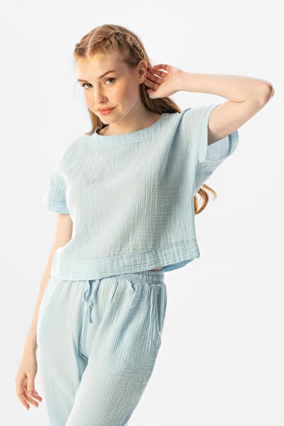 Eliş Şile Bezi Κοντομάνικη μπλούζα μουσελίνας Izel Summer Ice Blue Bmv