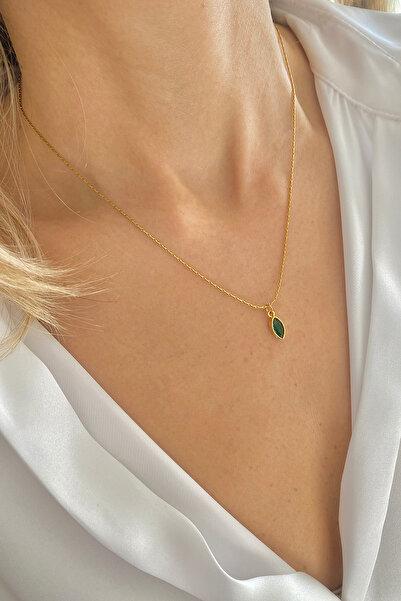 Bonnjerra Jewellery Çelik 1mm İnce Gold Hayalet Zincir Yeşil Zirkon Taşlı Minimal Damla Kolye