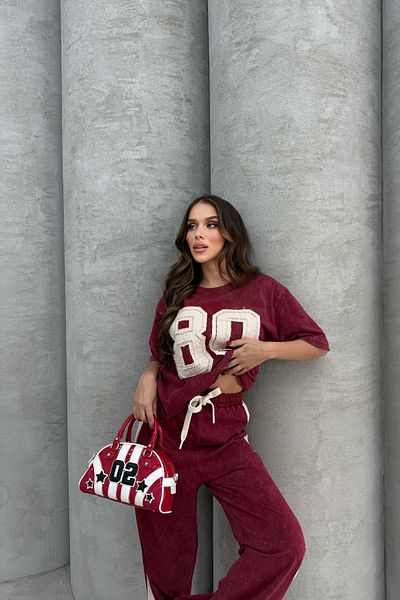 Bliss Women's 80 Detailed Short Sleeve Comfortable Fit Bottom Top Claret Red Tracksuit Set Size m