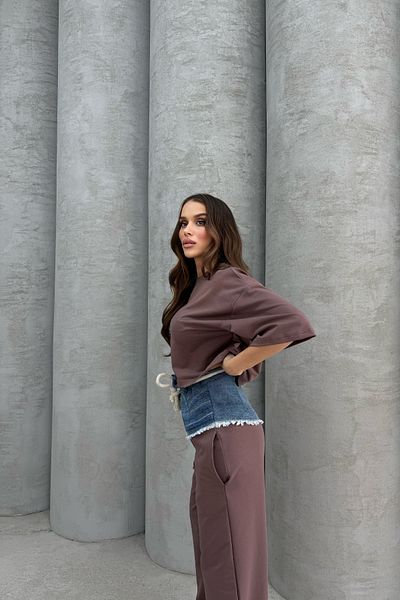 Bliss Women's Denim Detailed Bottom Top Brown Tracksuit Set Oversize Loose Leg Size S