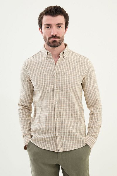 Mcr Checkered Slim Fit Long Sleeve Linen Men's Shirt Khaki - 27056.25Y