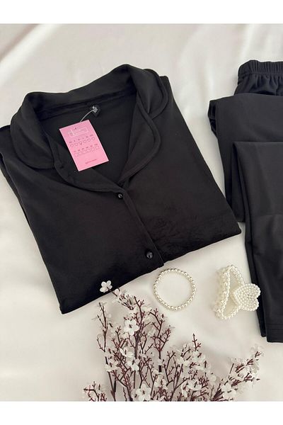 MH Moony Homewears Set de pijamale din catifea moale de iarnă, cămașă neagră din 2 piese