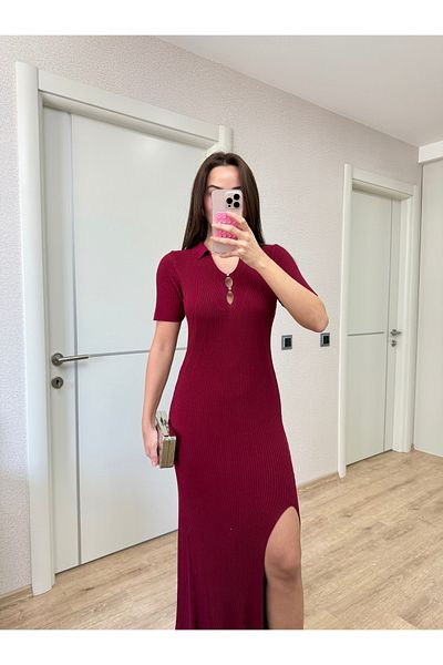 Deppot Stone Detail Slit Polo Collar Bell Dress