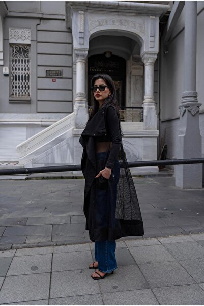 VorNişantaşı Kadın BB Dik Yaka File Detaylı Uzun Yelek