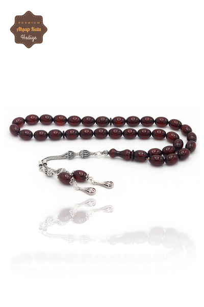 Midyat Nurtaş Gümüş Burgundy Barley Cut Squeezing Amber Rosary with Brushed S...