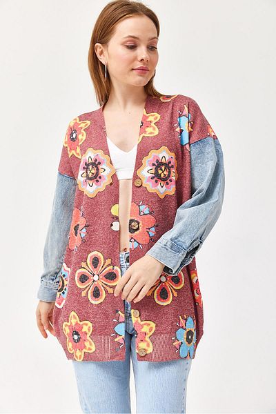 CALİENTE Patterned Long Knitwear Cardigan with Sleeve Denim Detail Claret Red
