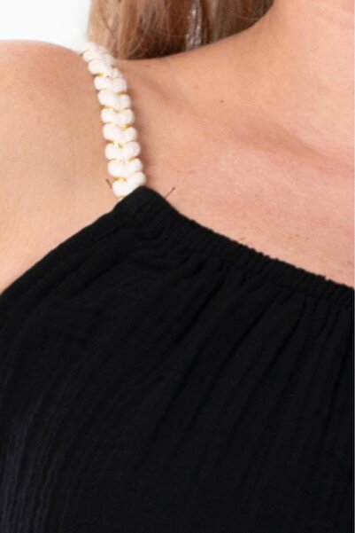 Eliş Şile Bezi Strappy Alaçatı Summer Muslin Blouse Black Black