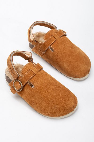 Beybium Sabo Real Suede Leather Cork Sole Furry Slippers Tan