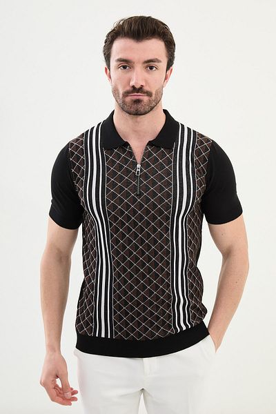 Mcr Patterned Slim Fit Zippered Polo Neck Men's Knitwear T-Shirt Black - 11537.25Y