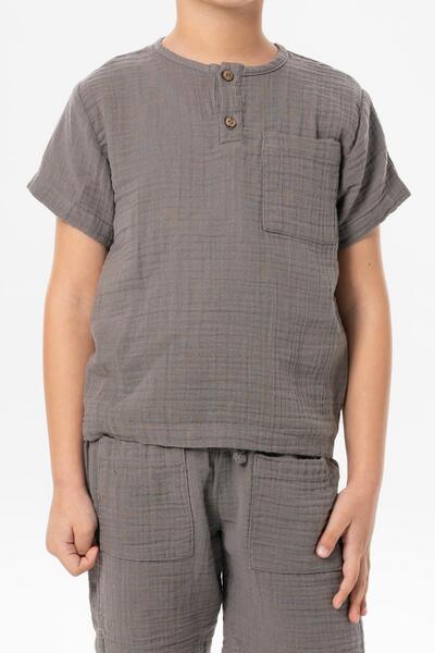 Eliş Şile Bezi Καλοκαιρινό μπλουζάκι μουσελίνας για αγόρι - κοντό μανίκι, λεπτομέρεια Western Pocket, Γκρι