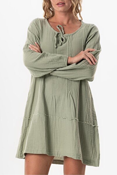 Eliş Şile Bezi Long Sleeve Celestial Binding Short Short Dress Olive Green