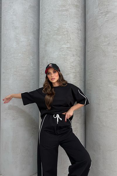 Bliss Women's Striped Short Sleeve Comfortable Fit Bottom Top Black Tracksuit Set