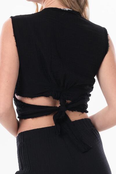 Eliş Şile Bezi Αμάνικη Deren μέση δεμένη καλοκαιρινή μουσελίνα μπλούζα Μαύρη Μαύρη