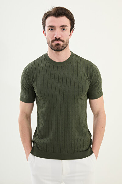 Mcr Desenli Slim Fit Bisiklet Yaka Erkek Triko T-Shirt Haki - 11533.25Y