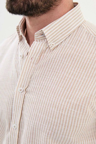 Mcr Striped Slim Fit Long Sleeve Linen Men's Shirt Beige - 27046.25Y