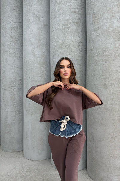 Bliss Γυναικείο κρεβατάκι με βαθύ κάτω μέρος, κοστούμι φούτερ καφέ, φαρδύ πόδι μεγάλου μεγέθους