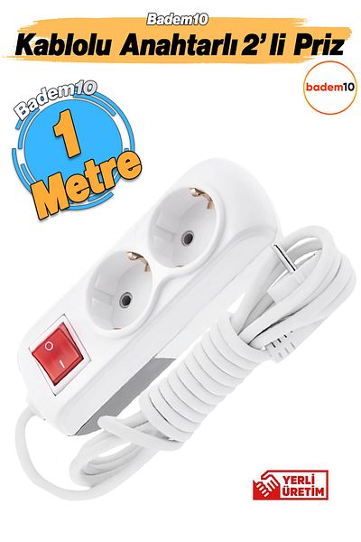 Badem10 Group Socket Plug Coupler 1 Meter Grounded Switched Button Multi-Cable 2-Piece Hanging Extension