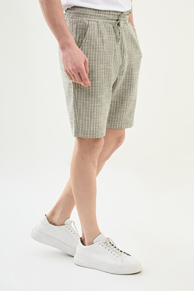 Mcr Ριγέ Super Slim Fit Λινό Ανδρικό Σορτς Χακί με ελαστική μέση και κορδόνι - 18111.25Y
