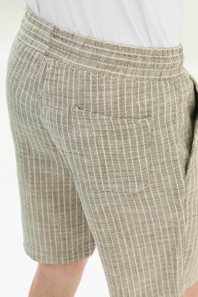Mcr Ριγέ Super Slim Fit Λινό Ανδρικό Σορτς Χακί με ελαστική μέση και κορδόνι - 18111.25Y
