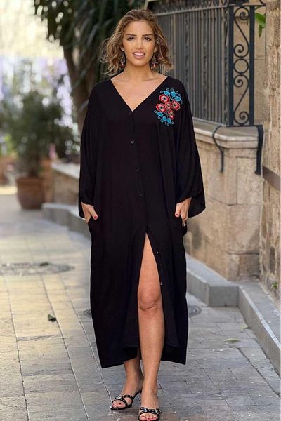 Nevin Kaya Moda Μαύρο βιολετί κεντημένο φόρεμα πουκάμισο διπλής όψης - 100% βαμβακερή βισκόζη
