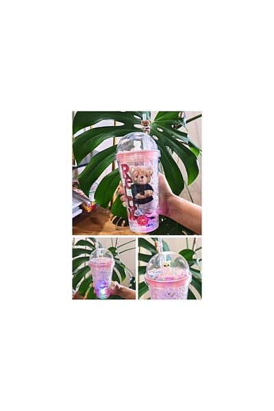 Lexi Bella Straw Drinker Character 450ml Double Layer Mica Frosted Glass Led Light Pink