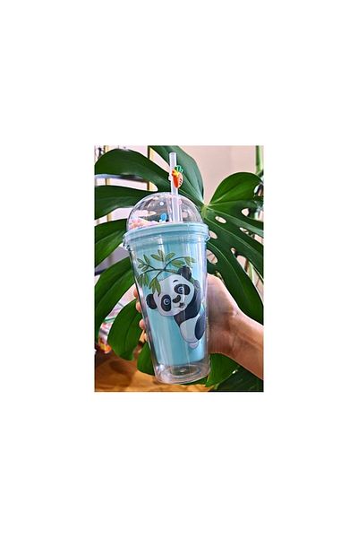 Lexi Bella Cute Panda Themed 450 ml Water Bottle Mica Flask with Straw