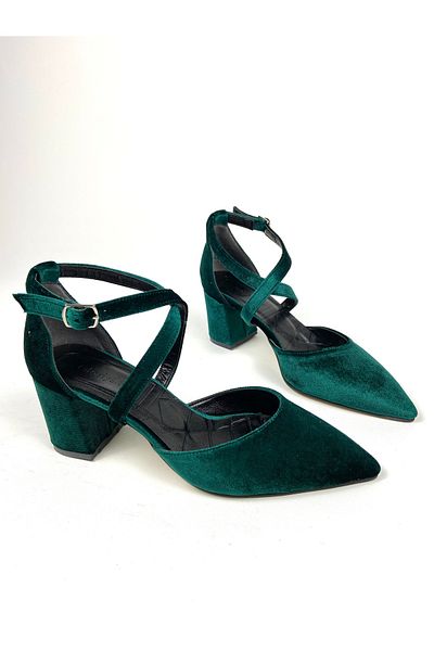 Gloriys Ayakkabı & Çanta Emerald Green Velvet 6 cm High Thick Heel Shoes 01401