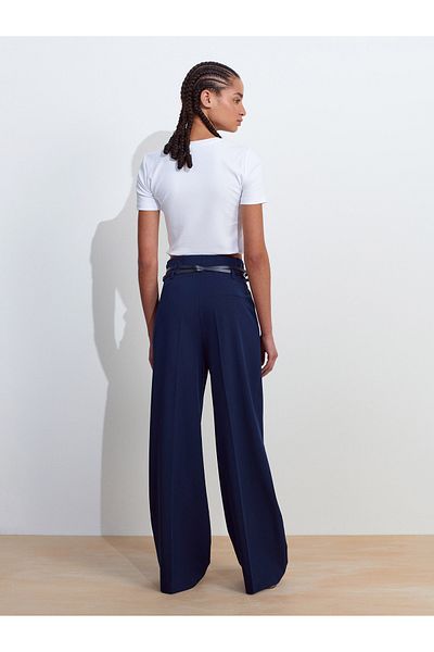 Dilvin 71617 Belted High Waist Trousers-Indigo