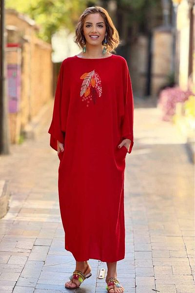 Nevin Kaya Moda Κόκκινο φόρεμα πουκάμισο με κέντημα με ένα πούπουλο διπλής όψης - 100% βαμβακερή βισκόζη