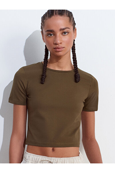 Dilvin 31655 Crew Neck Crop Top-Χακί