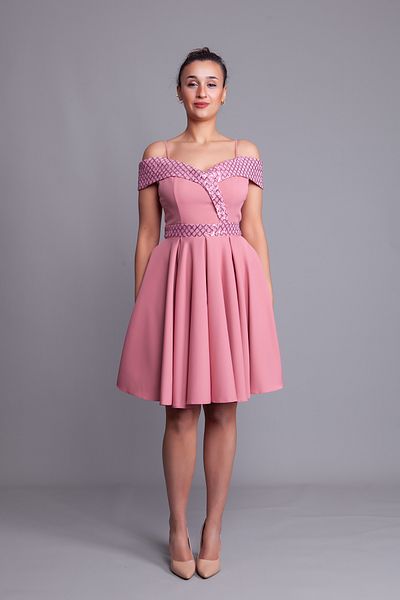 Bidoluelbise Dusty Rose Strap Off Shoulder Καρό Παγιέτες Λεπτομέρεια Μίνι μέγεθος Φόρεμα βραδινό φόρεμα