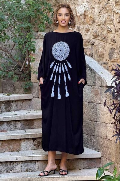 Nevin Kaya Moda Φόρεμα πουκάμισο με κέντημα μαύρο Dream Catcher διπλής όψης - 100% βαμβακερή βισκόζη