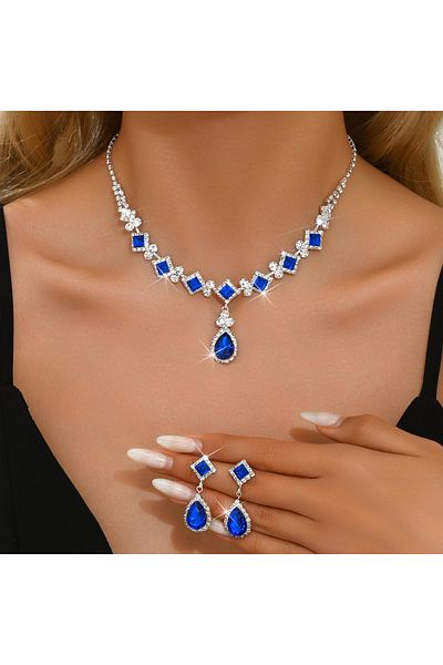 Choice 808056-Blue 3-piece Women's Claw Chain Series Geometric Droplet Earrings Necklace Set Wedding Banque