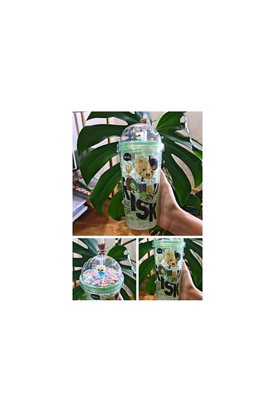 Lexi Bella Straw Drinker Cute Teddy Bear Themed Double Layer 450ml Drinker with Character Figure Mica Green 2726