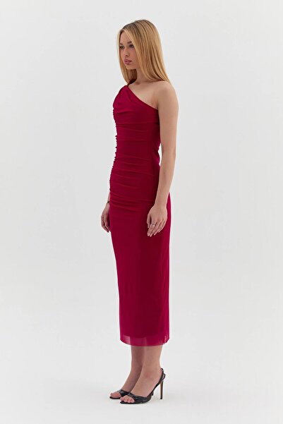 ZISHAN Tek Omuz Drape ve Gold Toka Detaylı Kadın Abiye Elbise 1709