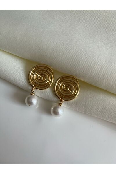 Nilsu Jewellery Accessory İnci Detaylı Sallantılı Metal Plaka Kadın Küpe