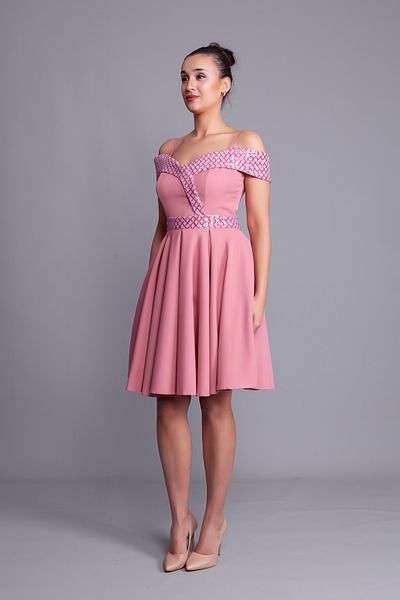Bidoluelbise Dusty Rose Strap Off Shoulder Καρό Παγιέτες Λεπτομέρεια Μίνι μέγεθος Φόρεμα βραδινό φόρεμα