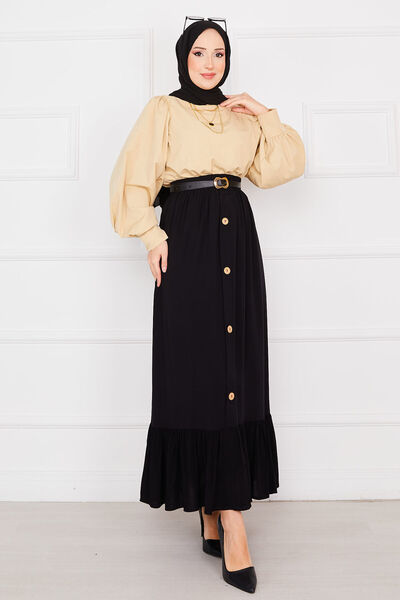 EBRUTESETTÜR Beli Lastikli Düğme Detaylı Tesettür Etek Siyah