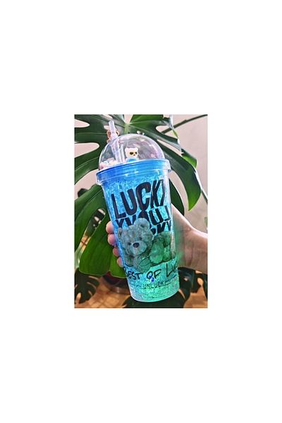 Lexi Bella Straw Drinker Character Lucky Teddy Bear Led Light Frosted Glass Appearance 450 ml Double Layer Mica Blue 2768
