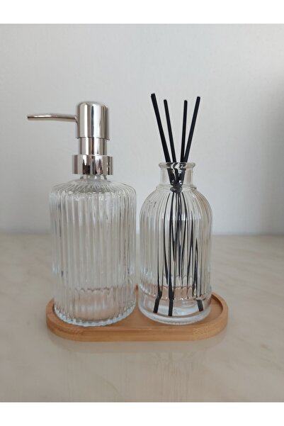shop Σετ γυάλινης δοχείας υγρού σαπουνιού και αρωματικών συσκευασιών με βάση από μπαμπού, θήκη σαπουνιού μπάνιου