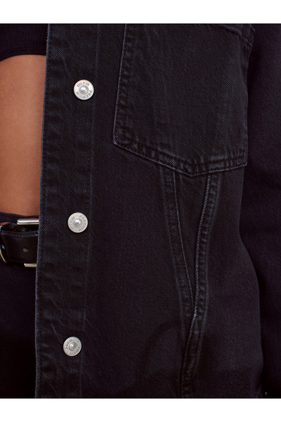 Dilvin 50749 Ön Bölümü Dikişli Oversize Denim Gömlek-Siyah