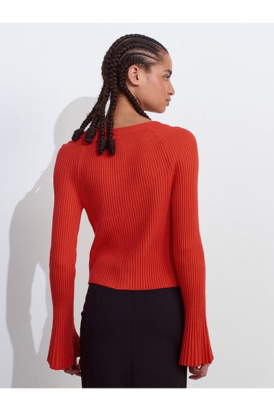 Dilvin 60246 Crew Neck Buttoned Spanish Sleeve Knitwear Cardigan-A.Red