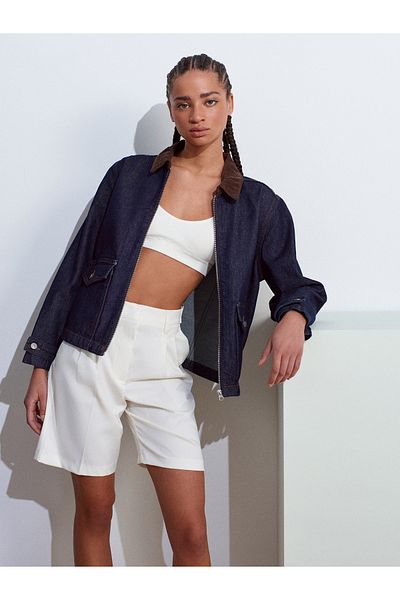 Dilvin 65363 Velvet Collar Zippered Denim Coat-Navy Blue