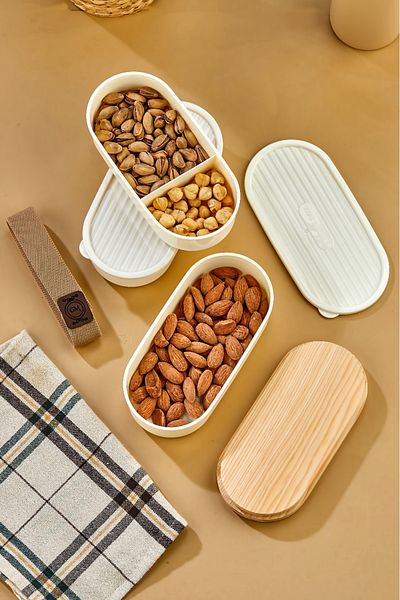 MİMOZA PARK Set of 3 Stackable Practical Wood Lid Storage Containers with Elastic Bands